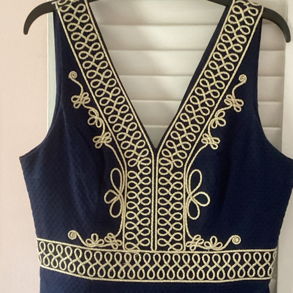 Lilly Pulitzer Navy Blue Midi Dress with Cream Embroidery